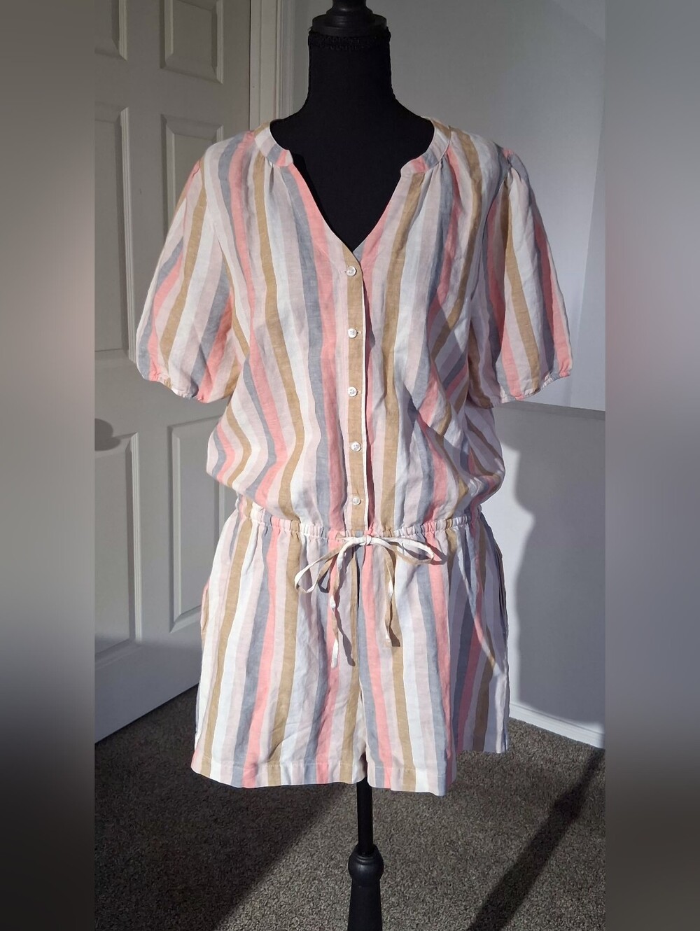 NWOT-Striped Button-Front Linen Blend Romper in Pastel Stripes